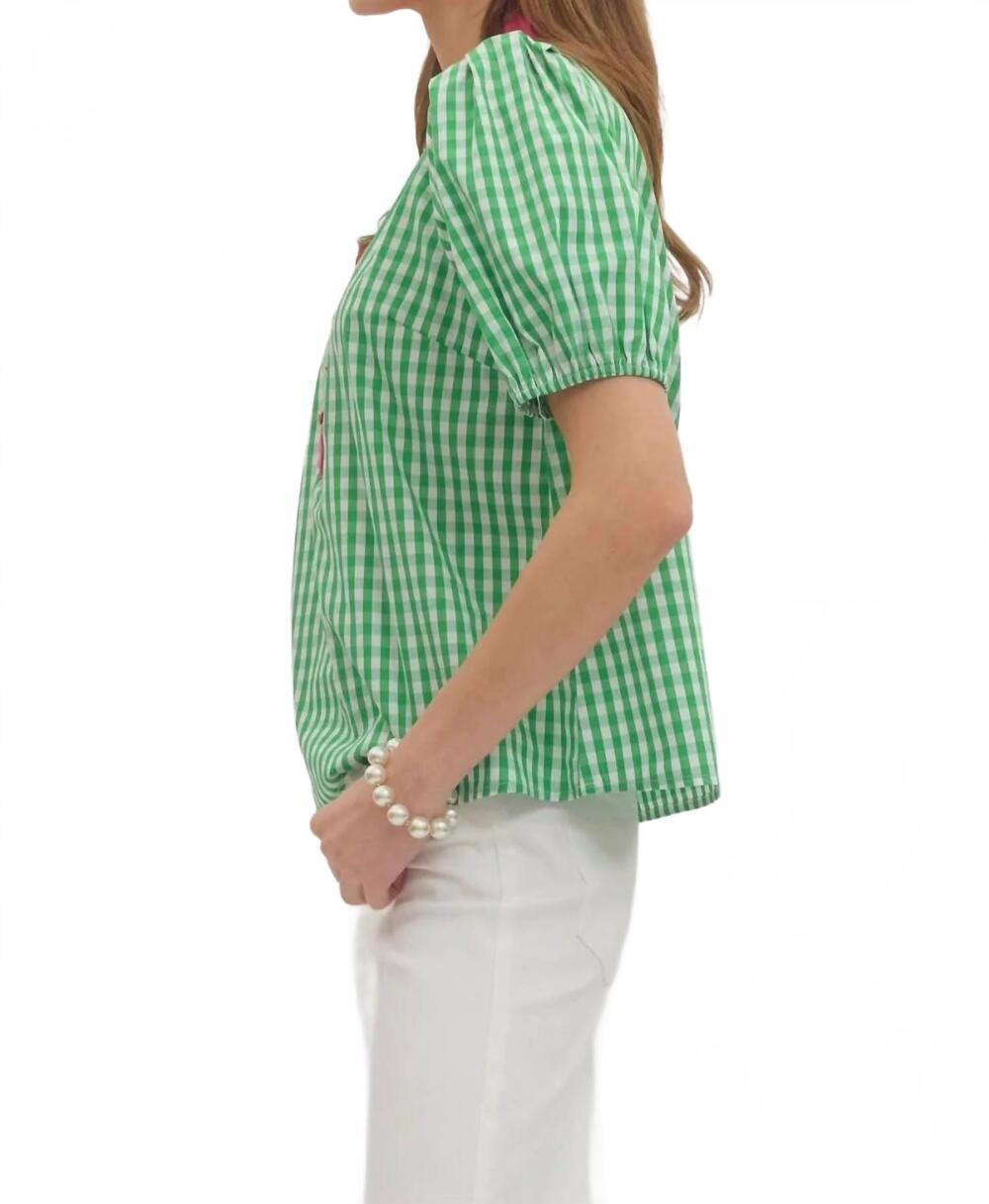 NEW ENTRO gingham puff sleeve top in green - Picture 3 of 4